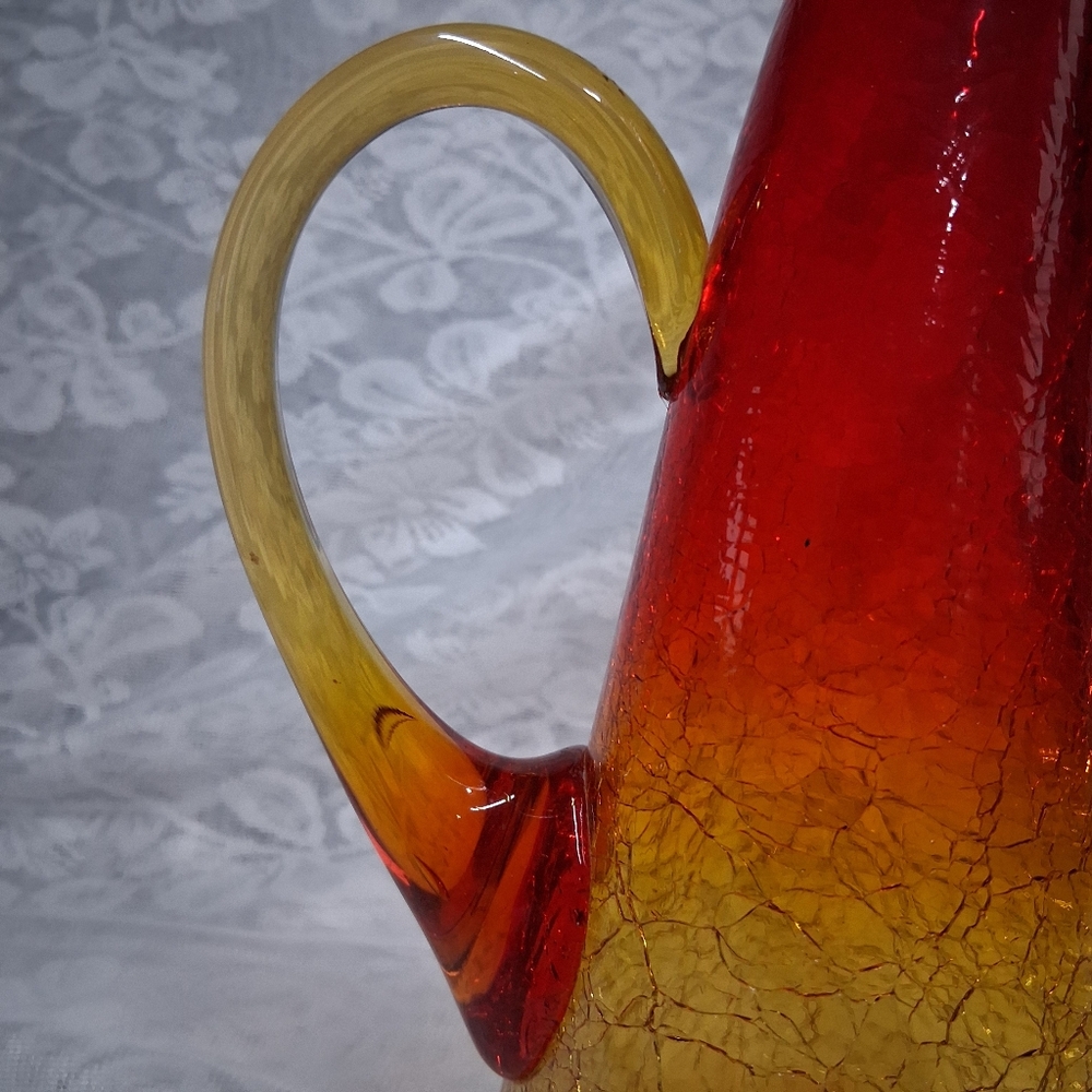 Vintage Amberina Crackle Glass Pitcher MCM Hand-Blown Art Glass 12" - Picture 15 of 16